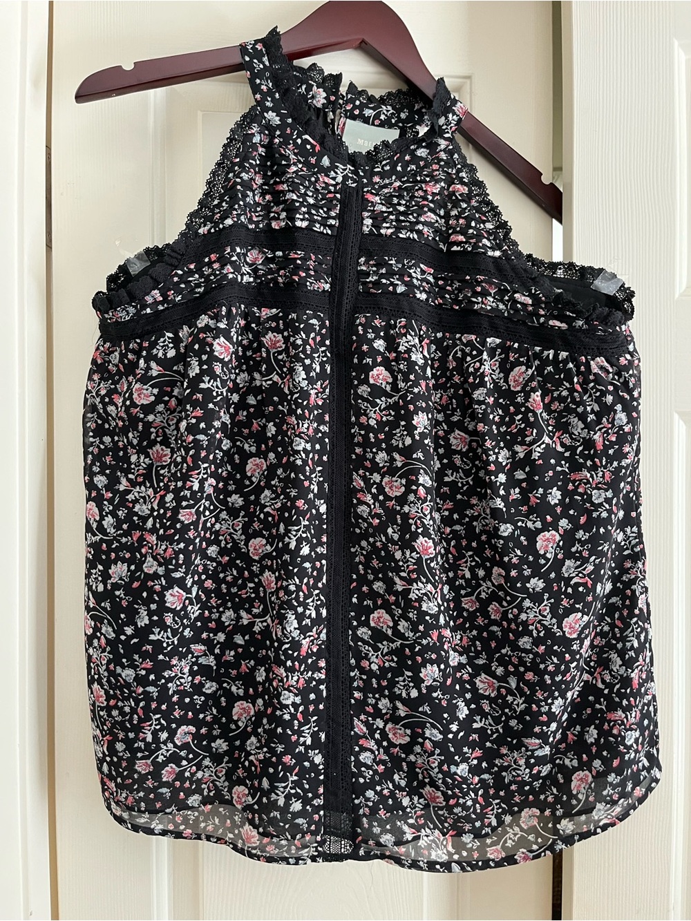 Maeve Black Floral Lace-Trim Blouse with Pink & White Accents Medium
